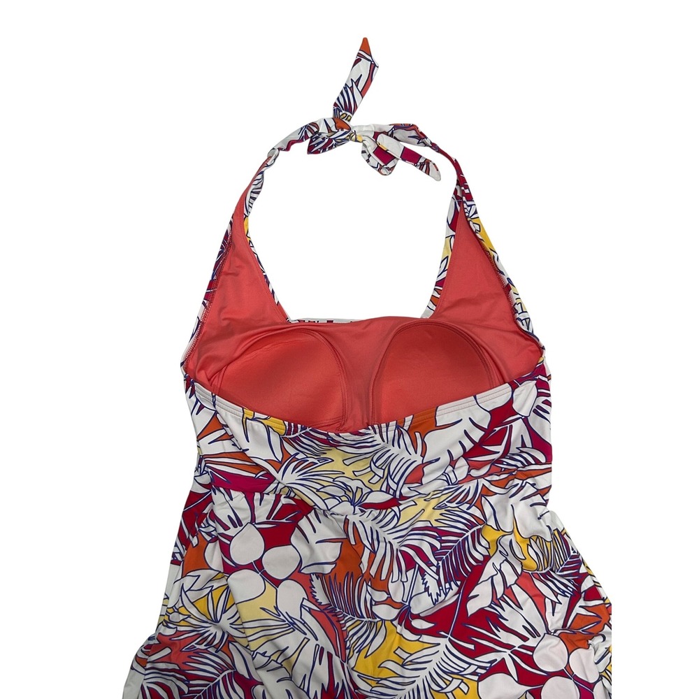 Lands End Womens Tropical Palm Leaf Halter Swim Dress Red Yellow Size L 14-16 - Picture 3 of 5